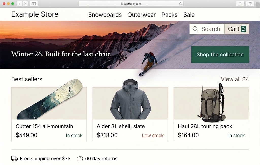 The Example Store homepage in a browser: a nav of four categories, a winter hero with a Shop the collection button, and three best sellers with prices and stock state.